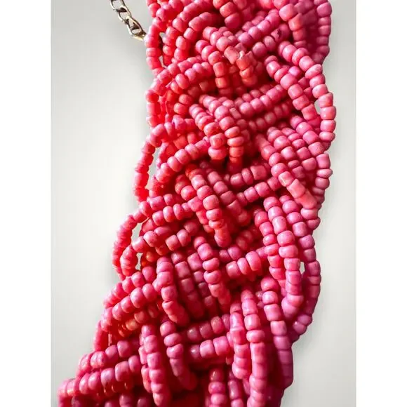 Vintage Salmon Pink Seed Bead Braided Multi Strand Chunky Statement Necklace 18" - Picture 3 of 7